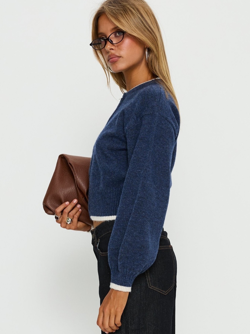 Princess Polly Navy Zip-Front Crew Sweater with White Trim - Picture 3 of 8
